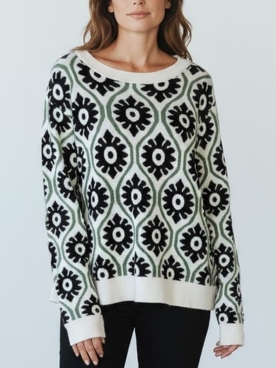 Adrianna Papell Sweaters - Adrianna Papell Cream Green & Black Printed Long Sleeve Boxy Crewneck Sweater